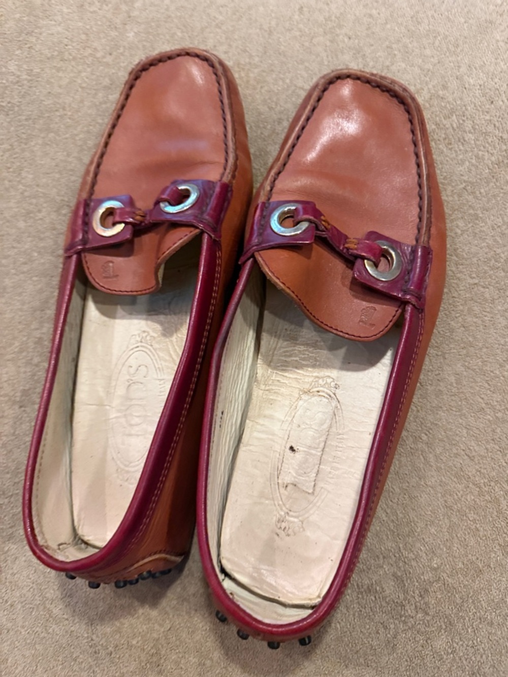 TOD’s Two-Tone Leather Driving Loafers in Tan and Burgundy